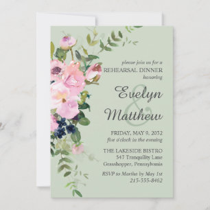 Blush Pink Rose Floral Bouquet Sage Rehearsal  Invitation