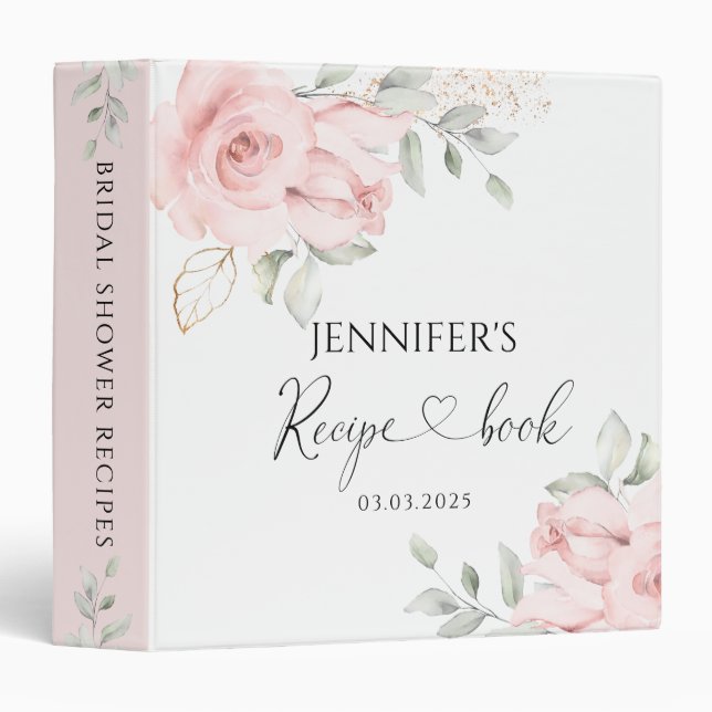 Blush Pink Rose Floral Bridal Shower Recipe Book Binder (Front/Spine)