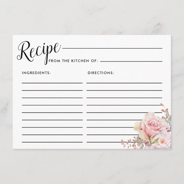 Blush Pink Rose Floral Bridal Shower Recipe Card (Front)