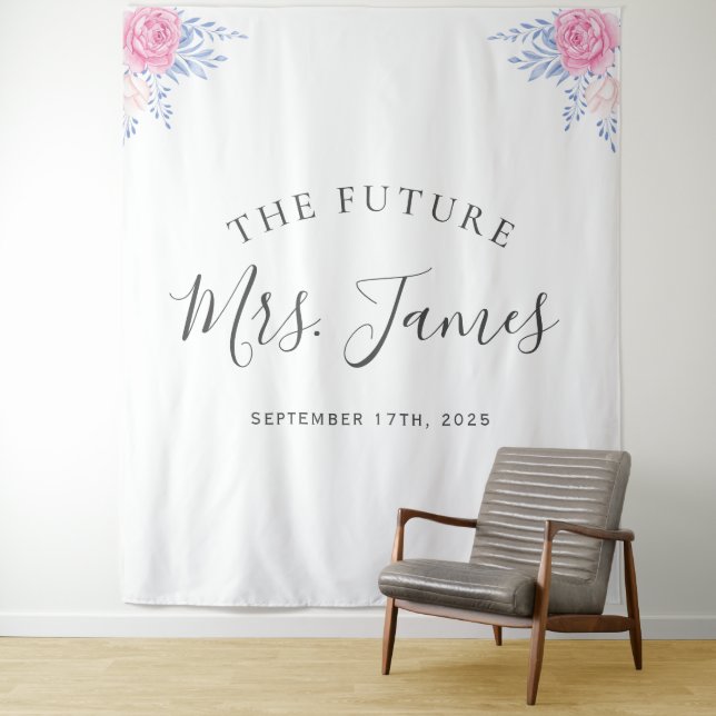 Blush Pink Rose Floral Dusty Blue Wedding Backdrop Tapestry (In Situ)