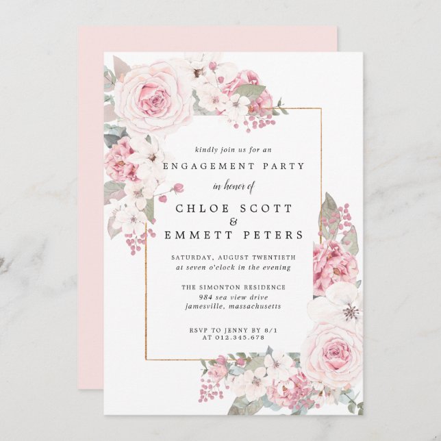Blush Pink Rose Floral Engagement Party Invitation (Front/Back)