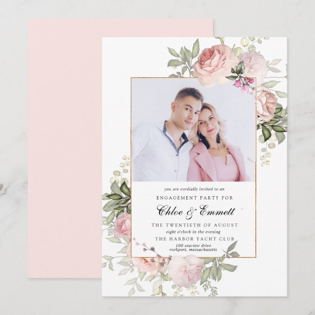 Blush Pink Rose Floral Engagement Party Photo Invitation (Front/Back)