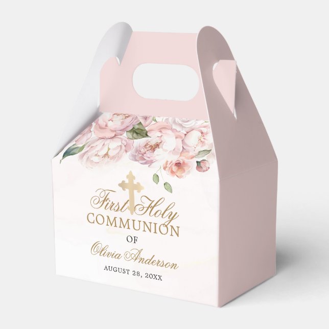 Blush Pink Rose Floral First Holy Communion Favor Box (Front Side)