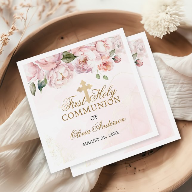 Blush Pink Rose Floral First Holy Communion Napkin (Creator Uploaded)