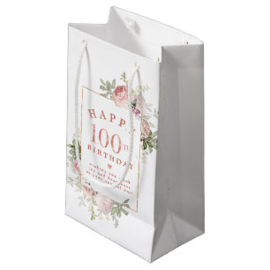 Blush Pink Rose Floral Gold 100th Birthday Small Gift Bag