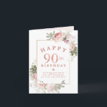 Blush Pink Rose Floral Gold 90th Birthday Card<br><div class="desc">Honour a special woman with this elegant and feminine 90th Birthday card. It begins with 90th written in a bold rose text. Happy is written in curved text above and birthday is below. Three lines of personalized text is provided below so you can easily personalize your birthday wish. A small...</div>