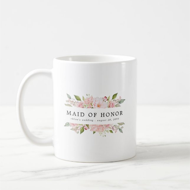 Blush Pink Rose Floral Maid of Honour Coffee Mug (Left)