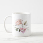 Blush Pink Rose Floral Maid of Honour Coffee Mug<br><div class="desc">Chic and elegant blush pink floral design features the title Maid of Honour and 1 line of personalized text below. All of the text can be edited, the colour, font and size changed. Make one for each of the bridal party. It will look great in your getting ready photos. This...</div>