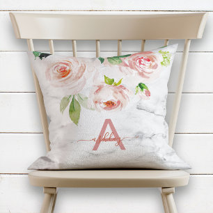Blush Pink Rose Floral Marble Name Monogram Throw Pillow