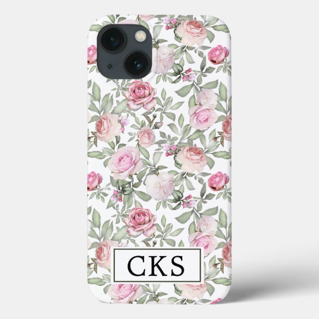 Blush Pink Rose Floral Monogram Initial Elegant Case-Mate iPhone Case (Back)