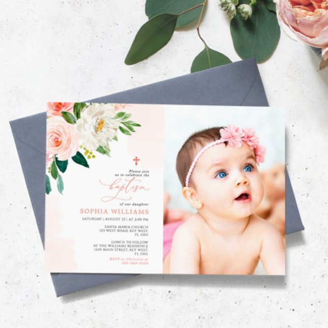 Blush Pink Rose Floral Photo Girl Baptism Invitation (Creator Uploaded)