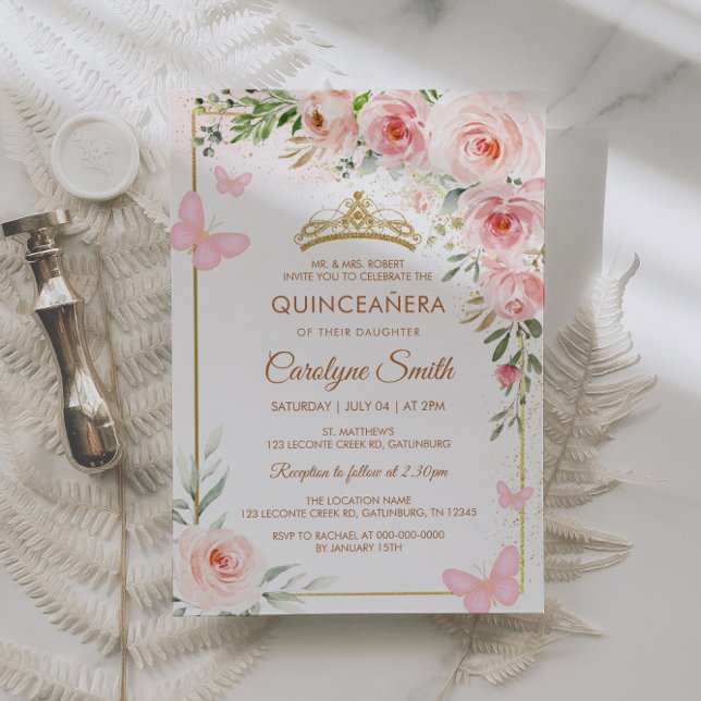 Blush Pink Rose Floral Quinceañera Butterfly Tiara Invitation (Creator Uploaded)