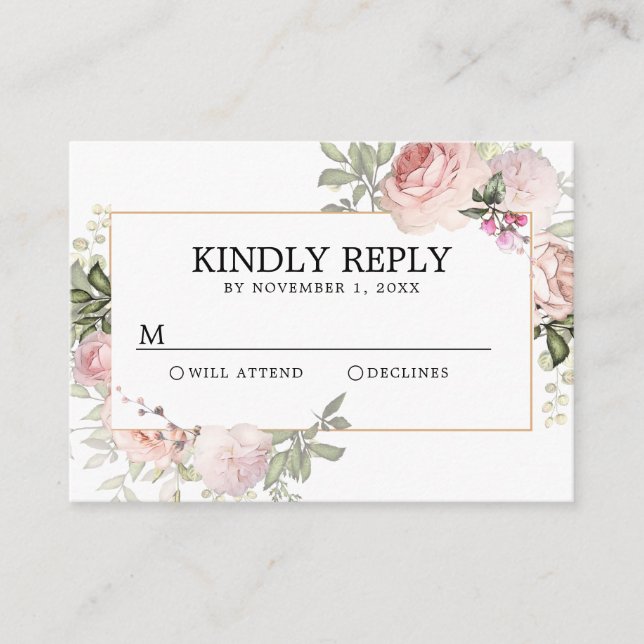 Blush Pink Rose Floral Quinceanera RSVP Enclosure Card (Front)