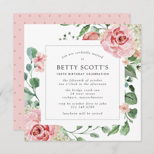 Blush Pink Rose Floral Square 100th Birthday Party Invitation (Front/Back)