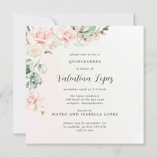 Blush Pink Rose Floral Square Quinceanera Invitation (Front)