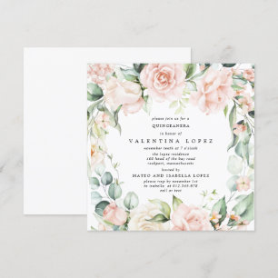 Blush Pink Rose Floral Square Quinceanera Invitation
