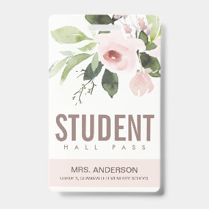 BLUSH PINK ROSE FLORAL STUDENT TEACHER HALL PASS BADGE