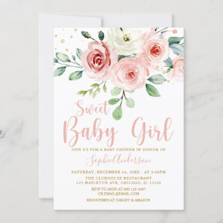 Blush Pink Rose Floral Sweet Baby Girl Baby Shower Invitation