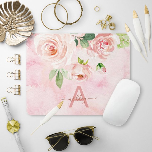 Blush Pink Rose Floral Watercolor Name Monogram Mouse Pad (Creator Uploaded)