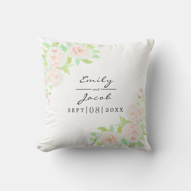 Blush Pink Rose Floral Watercolor Wedding Throw Pillow (Front)