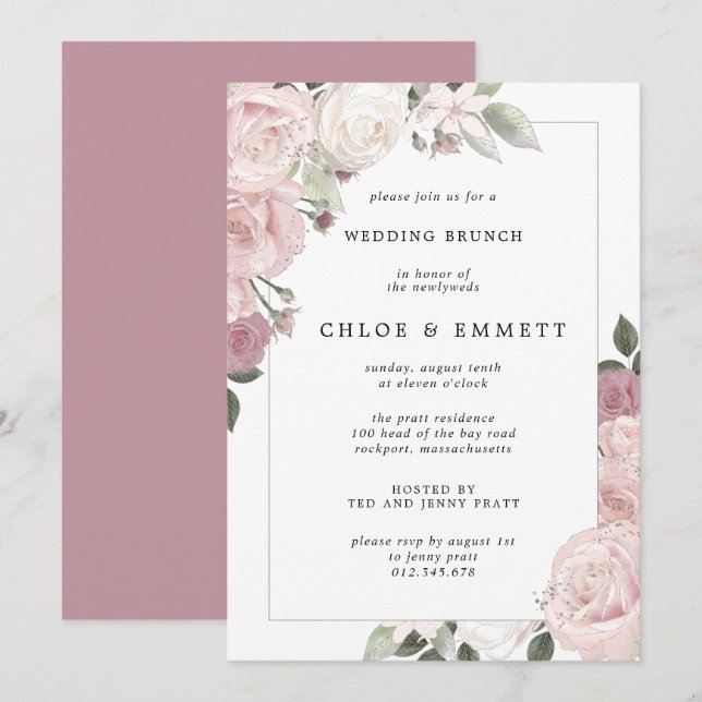 Blush Pink Rose Floral Wedding Brunch Invitation (Front/Back)