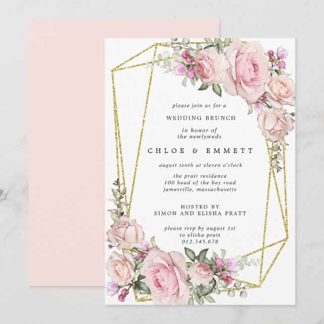 Blush Pink Rose Floral Wedding Brunch Invitation (Front/Back)