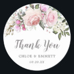 Blush Pink Rose Floral Wedding Favour Classic Round Sticker<br><div class="desc">Elegant pink rose floral weddin thank you sticker. Pink roses and white hydrangea flowers are nestled in soft sage green leaves. They form a spray at the top of the wedding favour seal. Thank You is written in a lovely and popular script. The wedding couple names are written below in...</div>