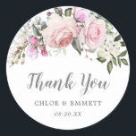 Blush Pink Rose Floral Wedding Favour Classic Round Sticker<br><div class="desc">Elegant pink rose floral weddin thank you sticker. Pink roses and white hydrangea flowers are nestled in soft sage green leaves. They form a spray at the top of the wedding favour seal. Thank You is written in a lovely and popular script. The wedding couple names are written below in...</div>