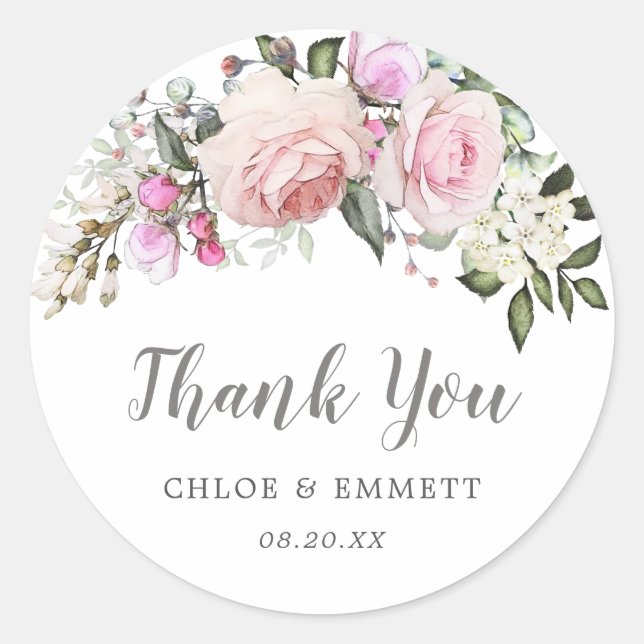 Blush Pink Rose Floral Wedding Favour Classic Round Sticker (Front)