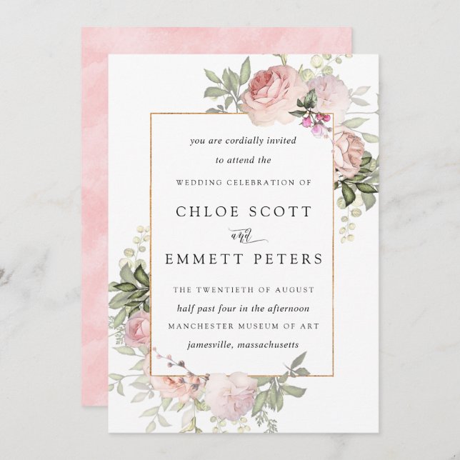 Blush Pink Rose Floral Wedding Invitation (Front/Back)