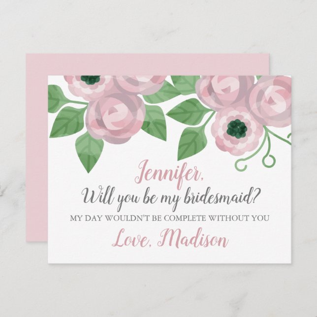 Blush Pink Rose Floral Will You Be My Bridesmaid Invitation (Front/Back)