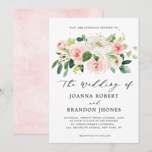 Blush Pink Rose Florals Modern Botanical Wedding Invitation (Front/Back)