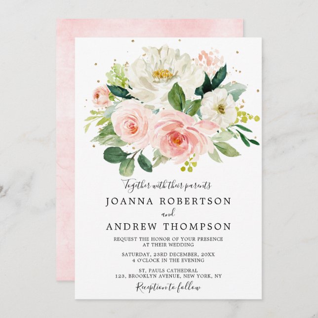 Blush Pink Rose Florals Modern Botanical Wedding Invitation (Front/Back)