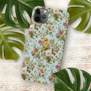 Blush Pink Rose Flower Art Pattern On Light Blue iPhone 11 Pro Max Case