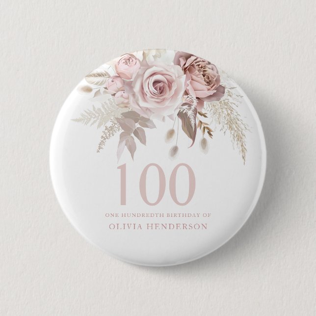 Blush Pink Rose Flowers 100th Birthday Party 2 Inch Round Button (Front)