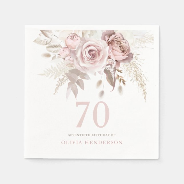 Blush Pink Rose Flowers 70th Birthday Party Event Napkin (Front)