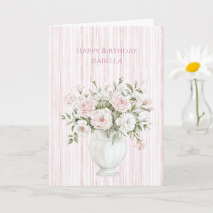 Blush Pink Rose Flowers Stripes Birthday Card