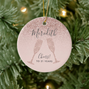 Blush Pink Rose Gold 21st Birthday Holiday Gift Ceramic Ornament