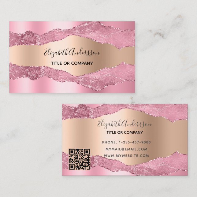 Blush pink rose gold agate marble QR code Business Card (Front/Back)