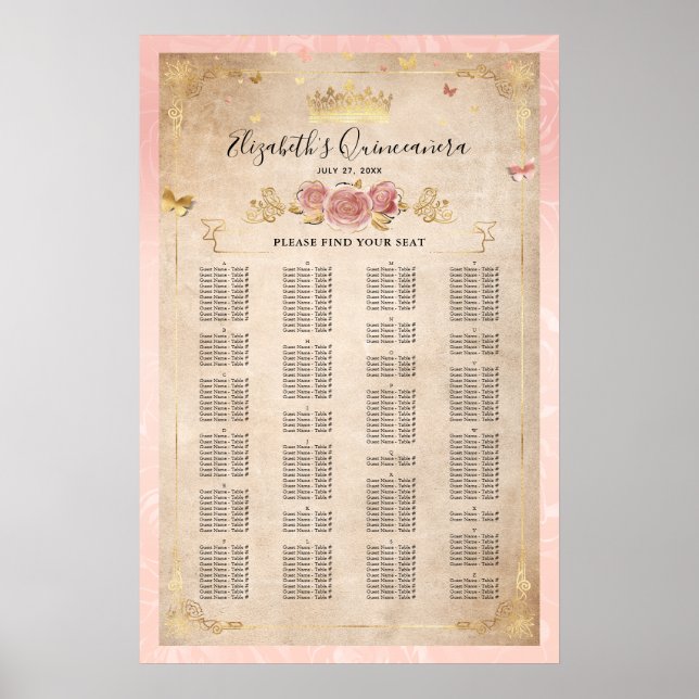 Blush Pink Rose & Gold Alphabetical Seating Chart (Front)
