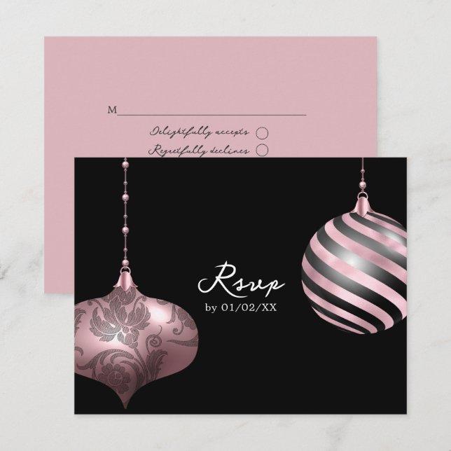 Blush Pink, Rose Gold, and Black Christmas Wedding RSVP Card (Front/Back)