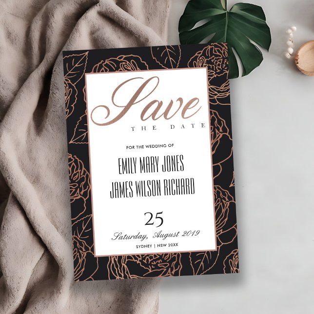 BLUSH PINK ROSE GOLD BLACK FLORAL SAVE THE DATE ANNOUNCEMENT (Creator Uploaded)