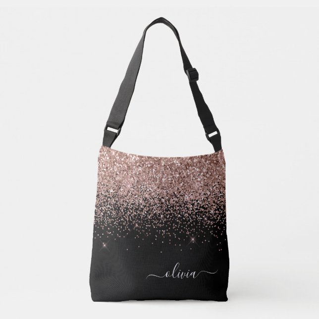 Blush Pink Rose Gold Black Glitter Monogram Name Crossbody Bag (Front)