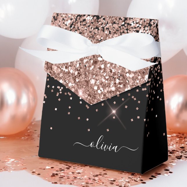 Blush Pink Rose Gold Black Glitter Monogram Name Favor Box (Creator Uploaded)