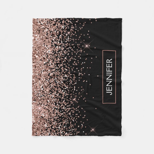 Blush Pink Rose Gold Black Glitter Monogram Name Fleece Blanket (Front)