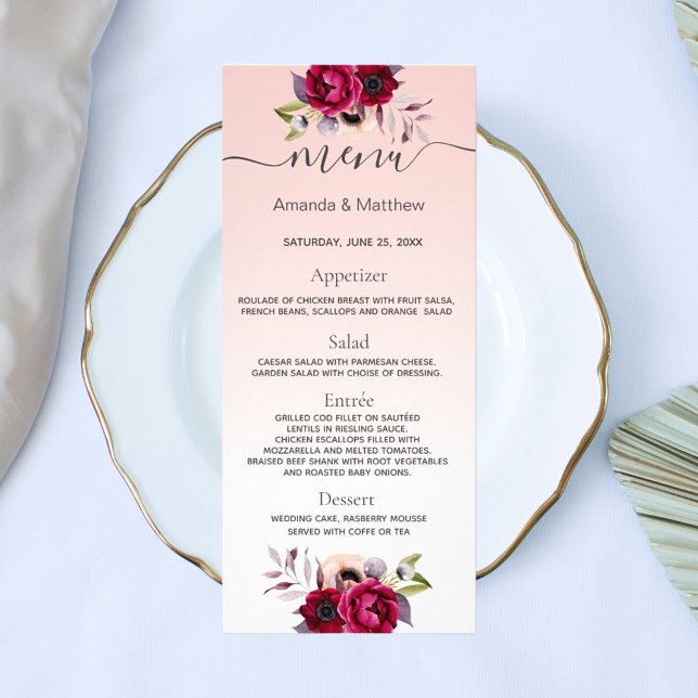 Blush pink rose gold burgundy florals wedding menu (Creator Uploaded)