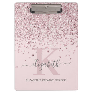 Blush Pink Rose Gold Diamond Glitter Monogrammed Clipboard