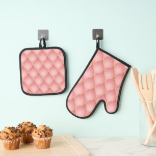 Blush Pink Rose Gold Diamond Tufted Oven Mitt & Pot Holder Set