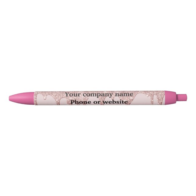 Blush Pink Rose Gold Dripping Glitter Personalized Black Ink Pen (Front)