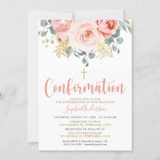 Blush Pink Rose Gold  Floral Cross Confirmation Invitation